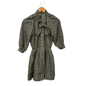 Buru Shirt Dress XS Green Leopard Print Puff Sleeves Lined